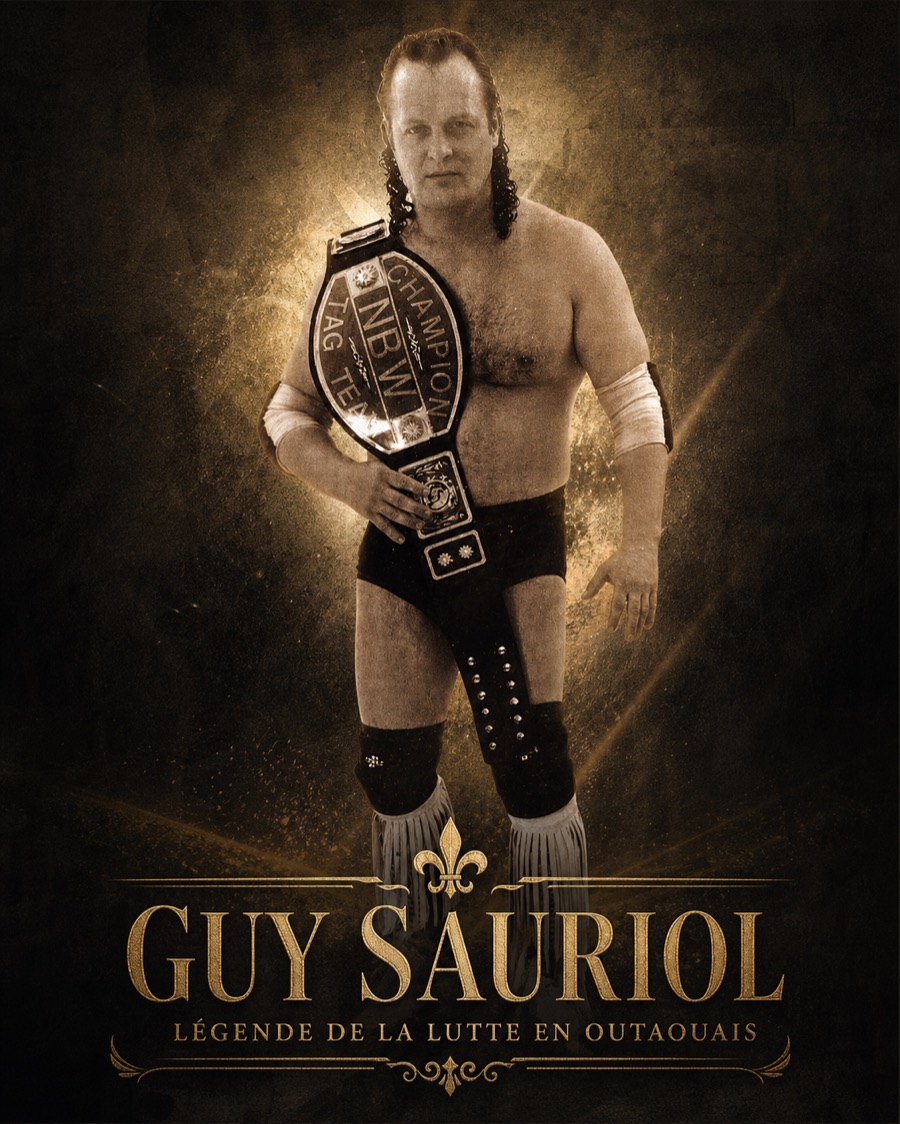 Visuel hommage doré de Guy Sauriol avec ceinture de championnat