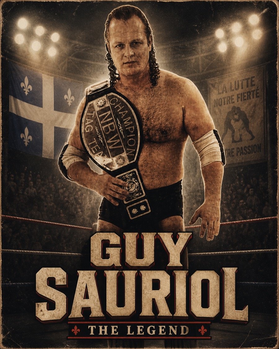 Affiche hommage vintage de Guy Sauriol avec ceinture dans un ring